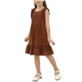 thumbnail image 1 of Girls Sleeveless A-Line Dress Kids Kids Ruffled Hem Pleated Bodice Soft Stretch Breathable Casual Church Summer Outfit Coffee,Size 5-6 T, 1 of 7