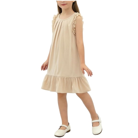 Girls Sleeveless A-Line Dress Kids Kids Ruffled Hem Soft Stretch Breathable Casual Church Outfit Back Button Beige,Size 4-5 T