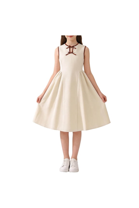 Girls Sleeveless A Line Dress with Bow, Beige Church & Party Dress for Tweens, Breathable Stretchy Midi Dress,Size 10-11 T