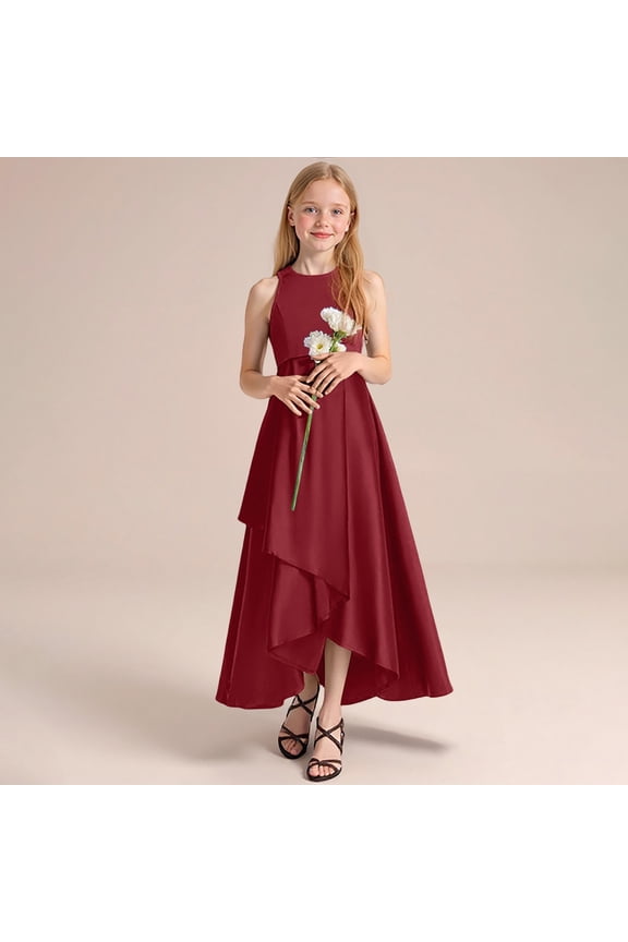 Girls Sleeveless Asymmetrical Formal Dress, Elegant Hi-Lo Maxi Gown for Recital Pageant Party, Kids to Performance Dress, 12 Colors, Ages 2-14 Years