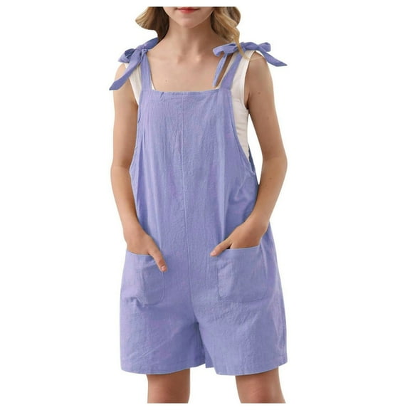 Girls Sleeveless Casual Jumpsuit Loose Spaghetti Strap Summer Rompers Short Pants Rompers with Pockets Preppy Clothes 9-10