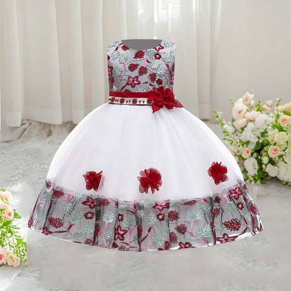 Girls' Sleeveless Embroidered Lace Mesh Dress with Floral Design for Performance and Special Occasions