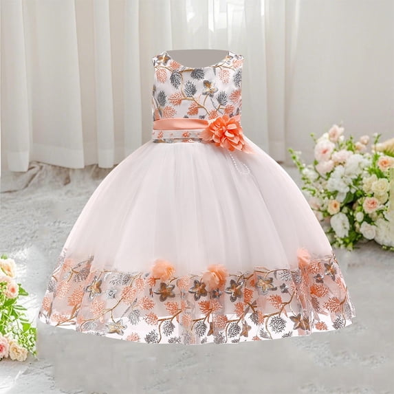 Girls' Sleeveless Embroidered Lace Mesh Dress with Floral Design for Performance and Special Occasions