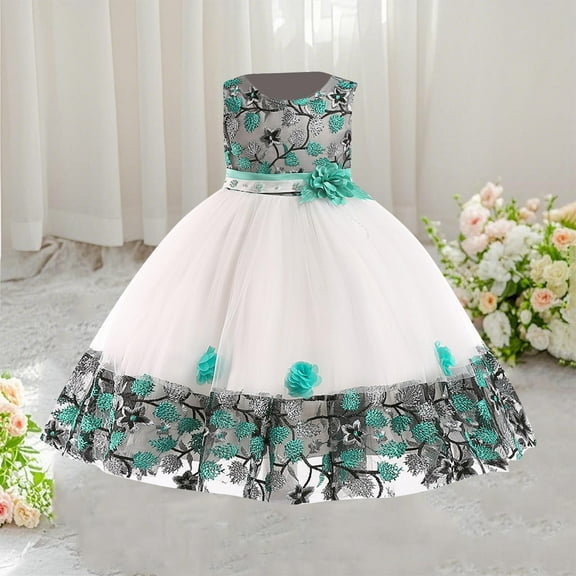 Girls' Sleeveless Embroidered Lace Mesh Dress with Floral Design for Performance and Special Occasions