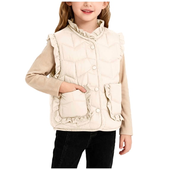 Girls' Sleeveless Fleece Vest Ruffled Crew Neck Button-Down Jacket with Pockets, Warm Casual Outerwear (1-10 Years)