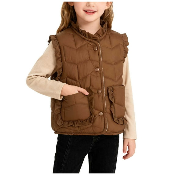 Girls' Sleeveless Fleece Vest Ruffled Crew Neck Button-Down Jacket with Pockets, Warm Casual Outerwear (1-10 Years)