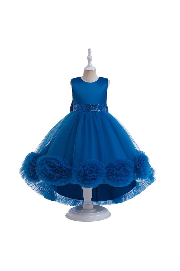 Girls Sleeveless Flower Girl Dress, Princess Party Gown with Sequin Waist and Tulle Flower Hem, Junior Bridesmaid Wedding Birthday Celebration Dress, Formal Wear for Ages 2-12 Years Blue 140