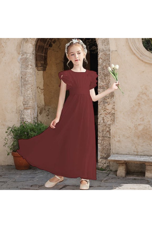 Girls Sleeveless Flower Girl Dress, Solid Color A-Line Ruffle Shoulder Dress for Junior Bridesmaid, First Communion and Birthday Party Occasions Wine 120