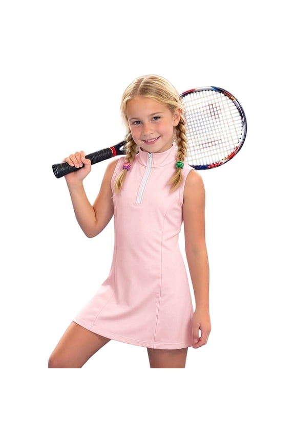 Girls Sleeveless Golf Tennis Dress, Half-Zip Athletic Dress with Pockets, Performance Sport Dress for Kids(Pink,12-13 Years)