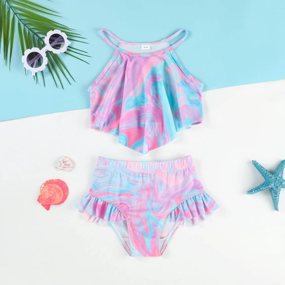 Girls' Sleeveless Halterneck Backless Top Tie Dye Ruffled Triangle Bottom Swimwear Two Piece Purple 1 Y-2 Y