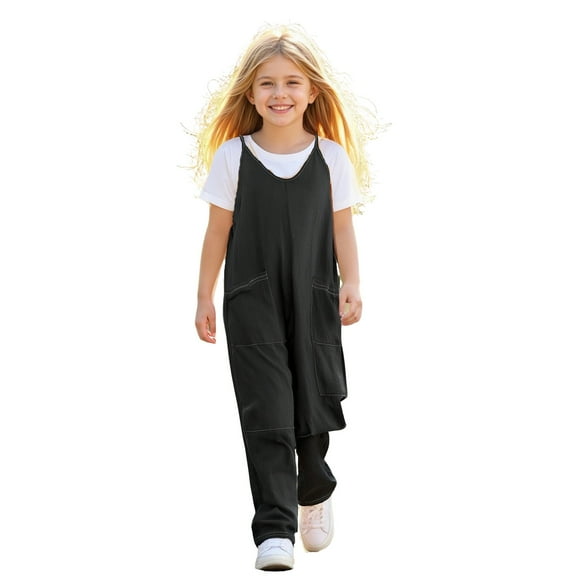 Girls Sleeveless Jumpsuit Black Overalls with Side Pockets Summer Clothes for Girls Girls Clothes Size 8-9 Years Girls Fashion