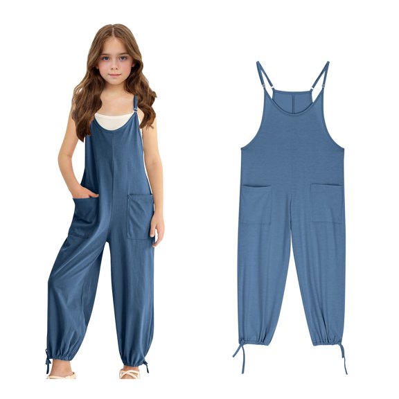 Girls Sleeveless Jumpsuit Blue with Pockets Girls Summer Outfits Girls Jumpsuits Size 7-8 Years Girls Fashion