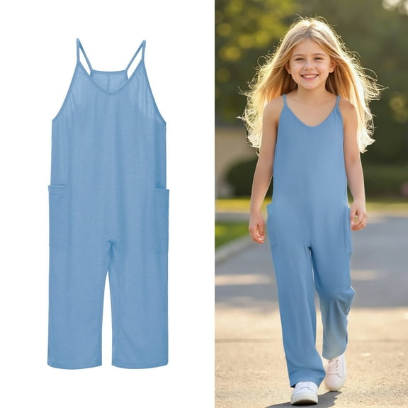 Girls Sleeveless Jumpsuit Blue with Pockets Summer Clothes for Teens Kids Clothes Girls Size 12-13 Years Girls Fashion