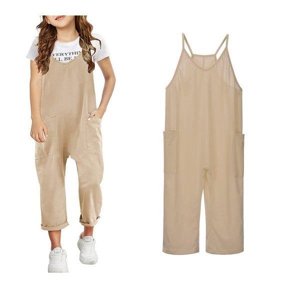 Girls Sleeveless Jumpsuit Khaki Overalls with Side Pockets Girls Summer Clothes Girls Fashion 12-13 Years Girls Fashion