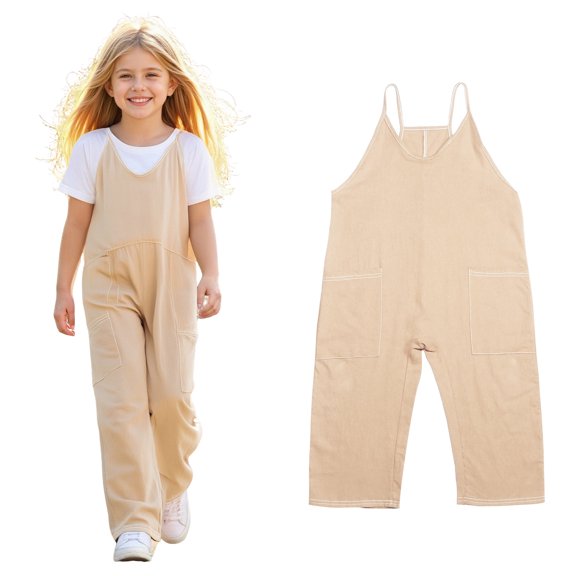 Girls Sleeveless Jumpsuit Khaki Rompers with Pockets Girls Summer Outfits Girl Clothes 4-5 Years Girls Fashion