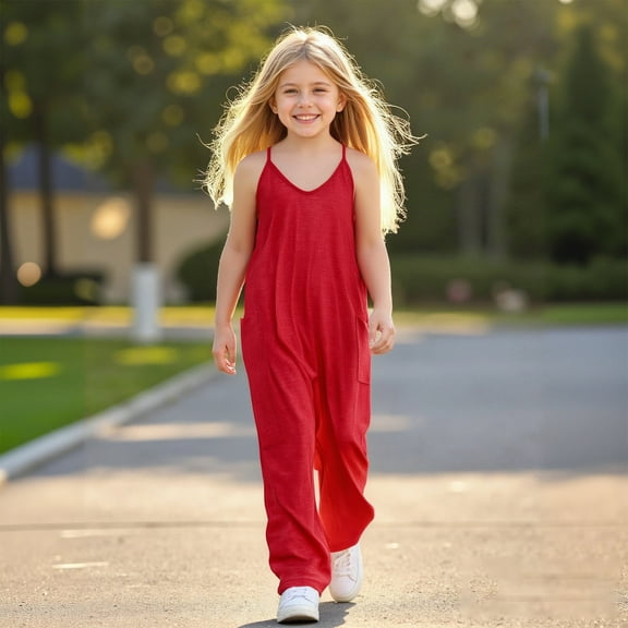 Girls Sleeveless Jumpsuit Red Overalls with Side Pockets Summer Clothes for Teens Kids Clothes Girls Size 6-7 Years Girls Fashion