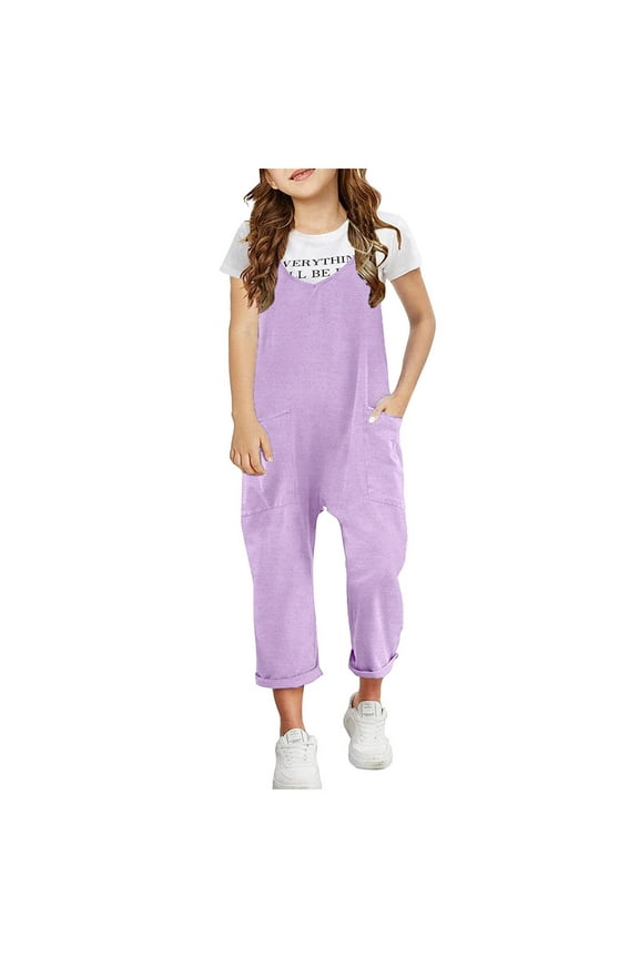 Girls Sleeveless Jumpsuits Casual Rompers V-neck Spaghetti Strap Loose Rompers Cotton Solid Long Pants with Pockets Wide Leg Pants Overalls for Teen Girls 3T