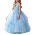 thumbnail image 1 of Girls Sleeveless Lace Tulle Flower Dress, Floor Length Layered Princess Ball Gown with Beading, Elegant formal Outfit for Wedding, Birthday Party, Pageant & Kids Photoshoot Events Blue 3-4Years, 1 of 6