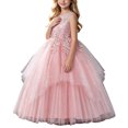 thumbnail image 1 of Girls Sleeveless Lace Tulle Flower Dress, Floor Length Layered Princess Ball Gown with Beading, Elegant formal Outfit for Wedding, Birthday Party, Pageant & Kids Photoshoot Events Pink 9-10Years, 1 of 6