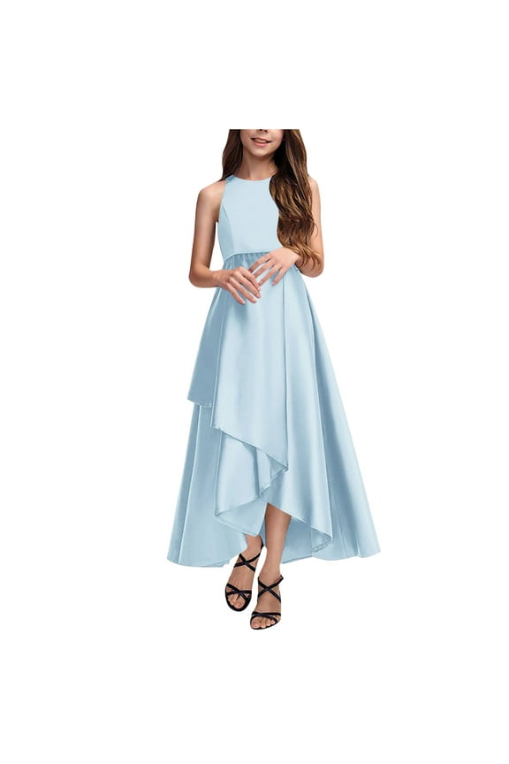 Girls Sleeveless Long Dress 4-14 Years Soft Satin Ruffled Flowy Maxi Sundress Formal Party Evening Gowns (14-15 Years, Gold)