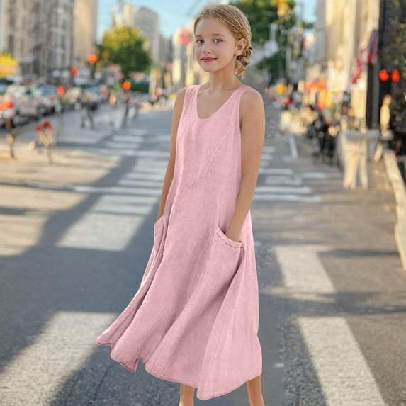 Girls' Sleeveless Princess Dress, Solid Color Design for Ages 5-16, Comfortable & Stylish for Casual or Special Occasions