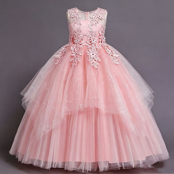 Girls Sleeveless Princess Dresses Lace Floral Ball Gown Floor Length Dress for Wedding Pageant Birthday Party Formal Pink 3-4Years