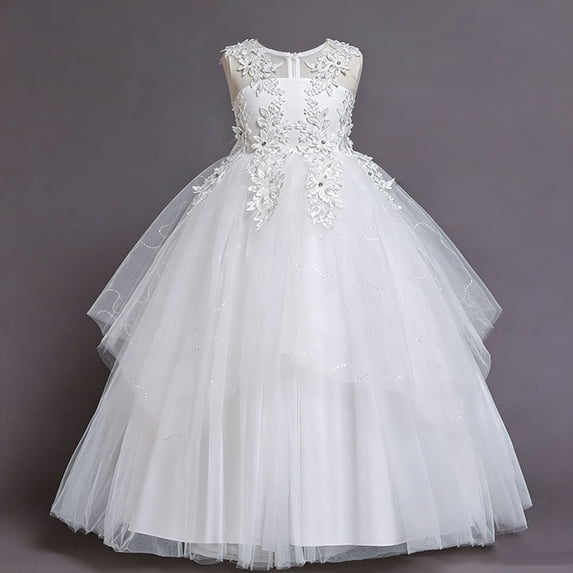 Girls Sleeveless Princess Dresses Lace Floral Ball Gown Floor Length Dress for Wedding Pageant Birthday Party Formal White 11-12Years