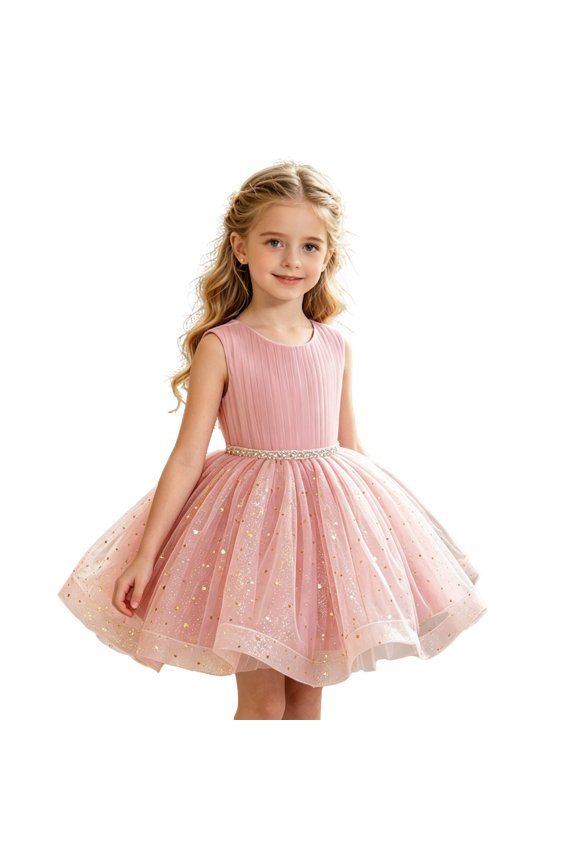 Girls Sleeveless Rhinestone Waist Glitter Tulle Princess Dress Vertical Pleated Bodice Sparkly Sequin Tutu Formal Gown Kids Wedding Birthday Performance Party Dress(Pink,3-4 Years)