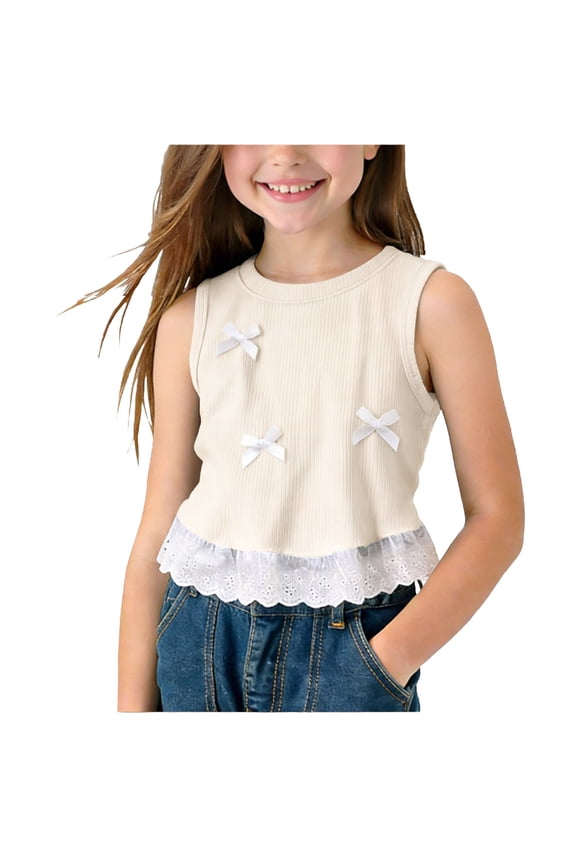 Girls Sleeveless Ruffle Tank Top Bow Knot Cropped T-shirt Crew Neck Casual Cute Summer Top Size 0-10 Years