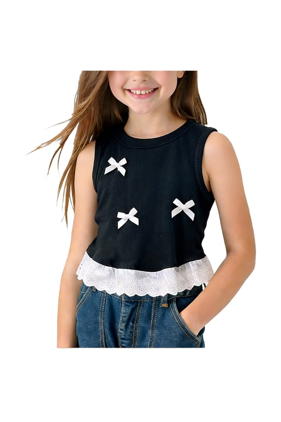 Girls Sleeveless Ruffle Tank Top Bow Knot Cropped T-shirt Crew Neck Casual Cute Summer Top Size 0-10 Years
