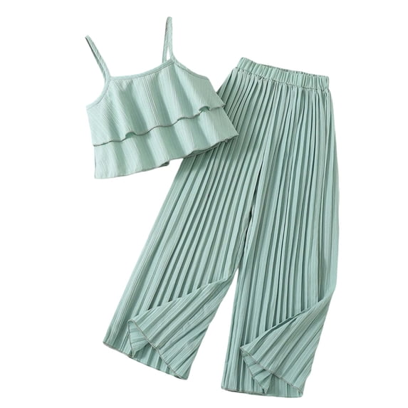 Girls Sleeveless Ruffle Top & Wide Leg Pants Set, Summer Kids Outfit,Green,9Y
