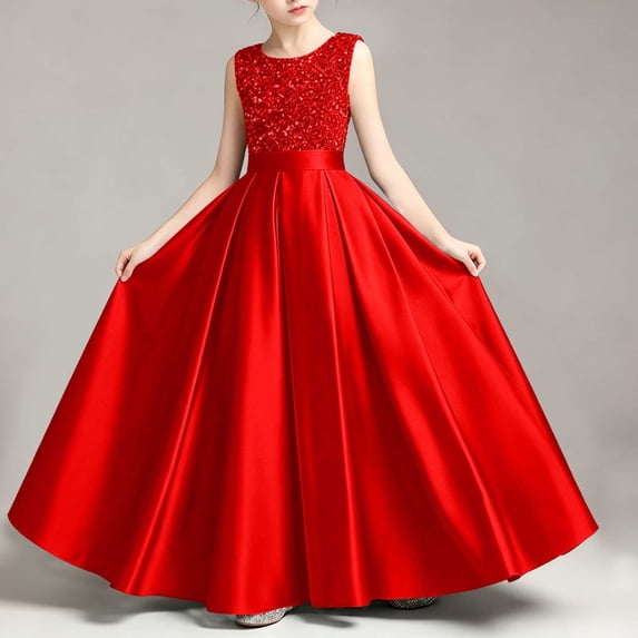 Girls Sleeveless Sequin Bodice Satin Long Formal Pageant Dress Red 0-1 Years