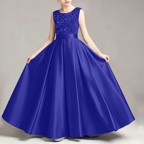 Girls Sleeveless Sequin Bodice Satin Long Formal Pageant Dress Royal Blue 11-12 Years
