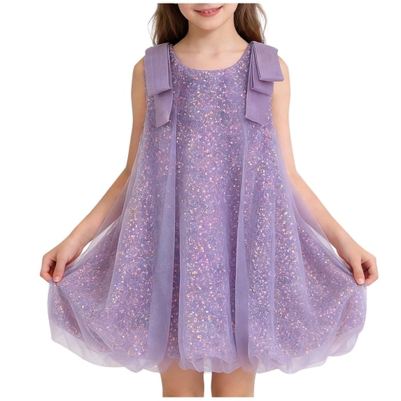 Girls Sleeveless Sequin Tulle Dress A-Line Bubble Hem for Birthday Party Wedding Flower Girl Kids Little Girls Purple Sizes 2-10 100% Polyester,Size 5-6 T