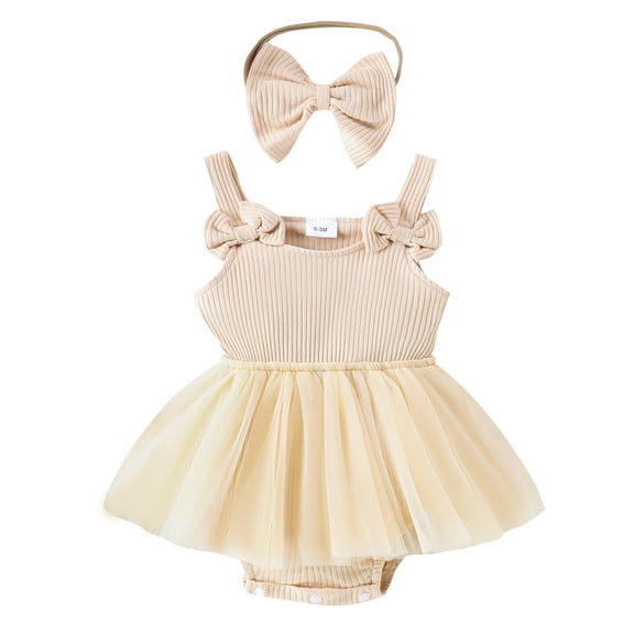 Girls Sleeveless Solid Bowknot Rib Romper Skirts Headbands Outfits