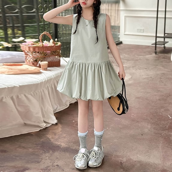 Girls' Sleeveless Solid Summer Dress For Girls – Lightweight Festive Party Skirt Without Sleeves