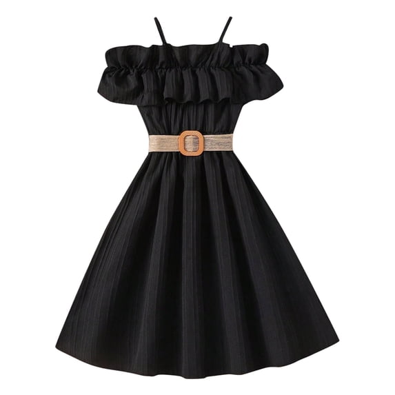 Girls Sleeveless Spaghetti Strap Dress Ruffle Hem Solid Color Summer,Black,7-8 Years