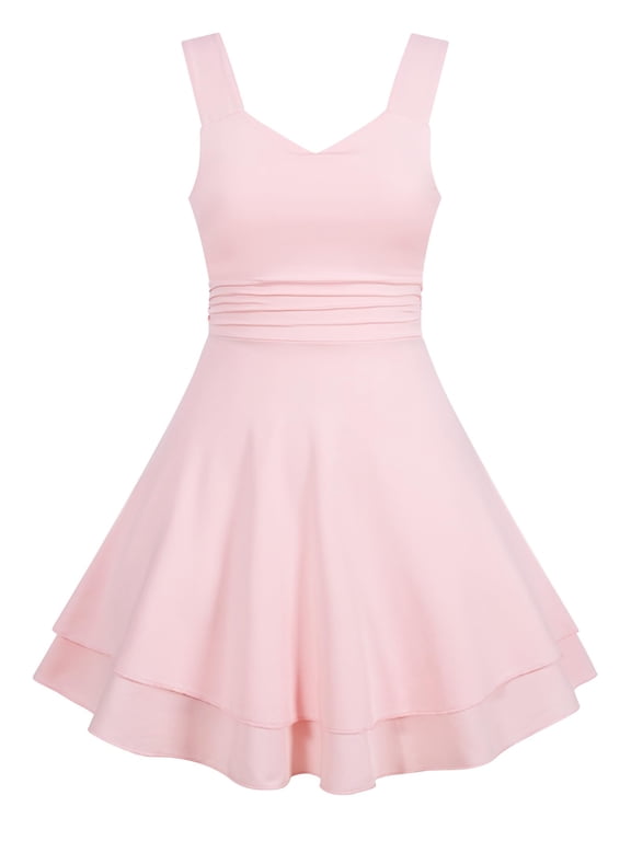 Girls Sleeveless Square Neck Dress Ruched Waist A Line Church Party Style for Tweens Teens 7-16