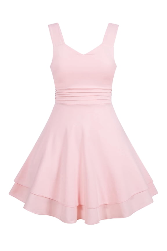 Girls Sleeveless Square Neck Ruched Double Layer Ruffle Swing Dress Tween Teen Summer Flowy A Line Dress For Child Girls 7-16Y