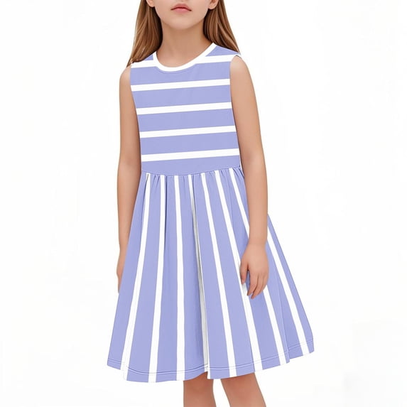 Girls' Sleeveless Striped Summer Dress with Round Neckline