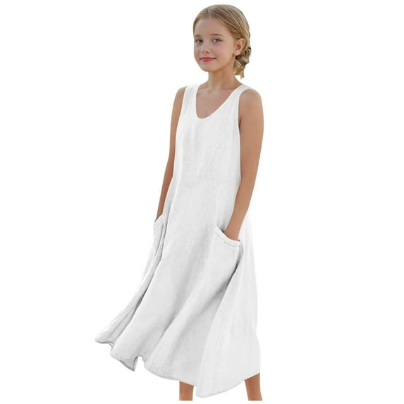Girls Sleeveless Summer Cotton Linen Tank Dress Casual A-Line Crewneck Princess Pocket Maxi Dresses for Kids 5-16 Years