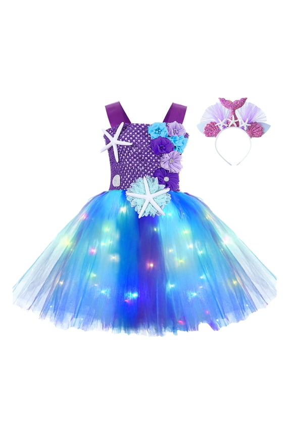 Girls Sleeveless Summer Tutu Dress Kids Toddler Historical LED Light Dress Hairband Outfits Flowy Dresses 4-6 Years