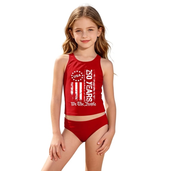 Girls' Sleeveless Swimwear Set, USA Flag & 250th Anniversary Print Tankini Bathing Suit 4-16Y