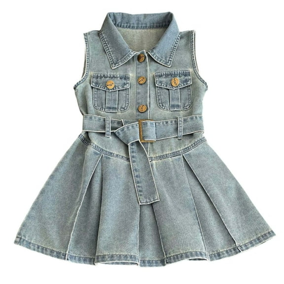 Girls Sleeveless Tank Denim Dress, Button Detail & Waist Belt, Functional Pockets for Casual Daily Wear