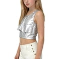 thumbnail image 1 of Girls Sleeveless Tank Top Shiny Metallic Ruffle Layered Crop Top Soft Lightweight Crewneck Blouse Fashion Performance Party Dancewear Outfits for Teen, 1 of 5