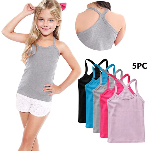 Girls' Sleeveless Tank Tops 5-Pack Y-Strap Athletic Summer Camisoles Casual Sling Tops for Daily Wear & Sports Activities (12Months-13Years)