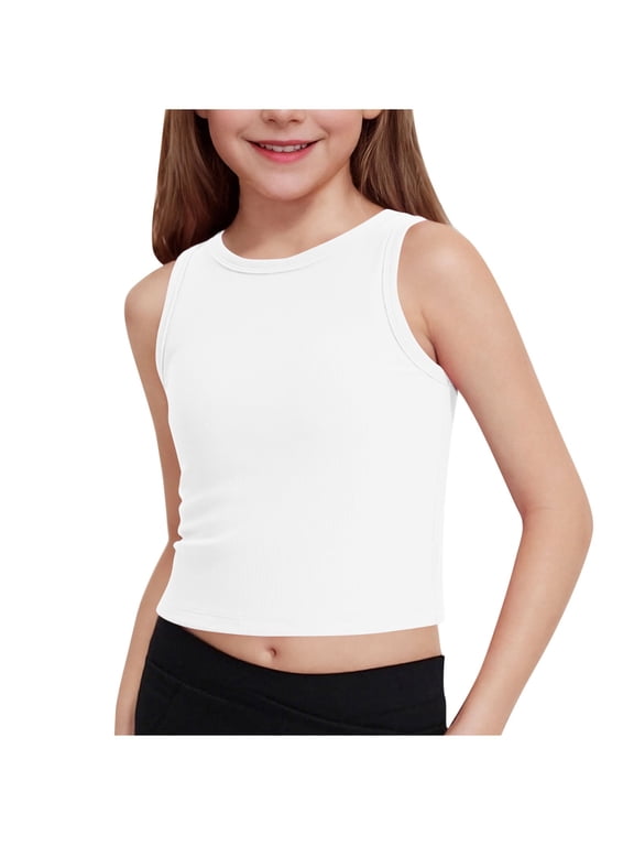 Girls Sleeveless Tank Tops Basic Ribbed Sleeveless Cropped Tops Summer Dance Yoga Gym Shirts for Kids 5-15Y,7-8 Years,White