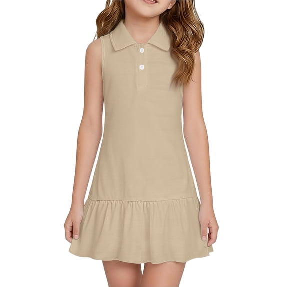 Girls Sleeveless Tennis Dress Polo Collar 2-Button Front Ruffle Hem Sporty Dress Khaki 100