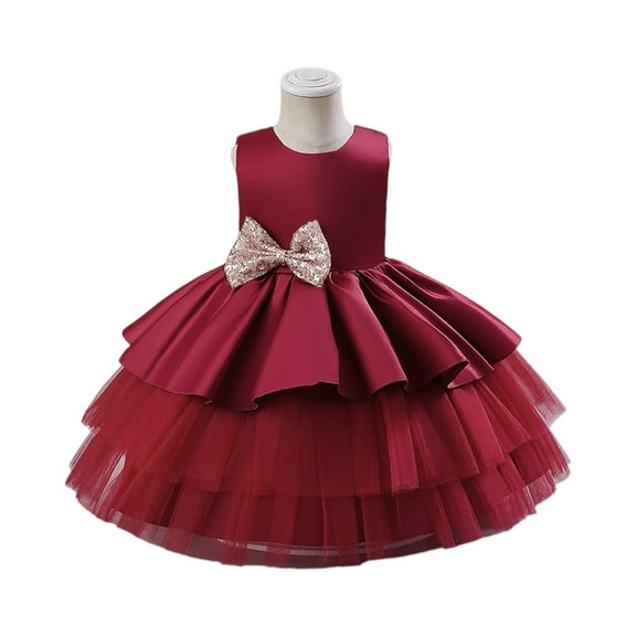 Girls Sleeveless Tulle Layered Party Dress with Bow Elegant Formal Princess Gown