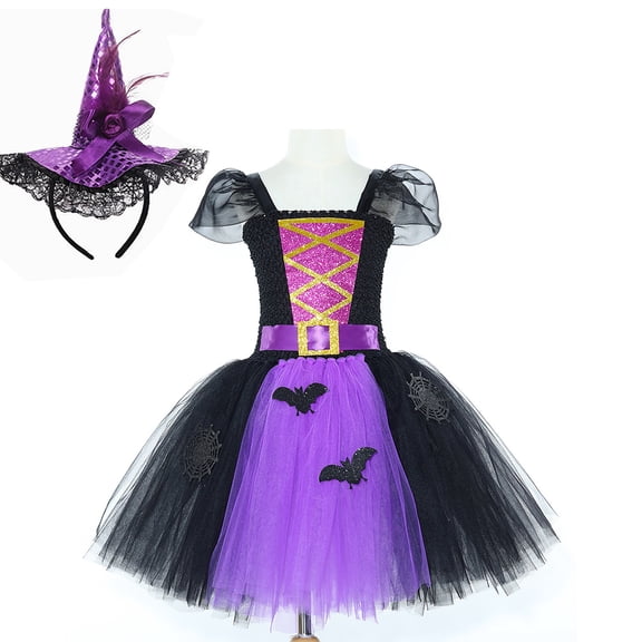 Girls Sleeveless Tutu Tulle Dress with Headband Two Piece Set Witch Halloween Cosplay Girls Halloween Size 1-14 Years